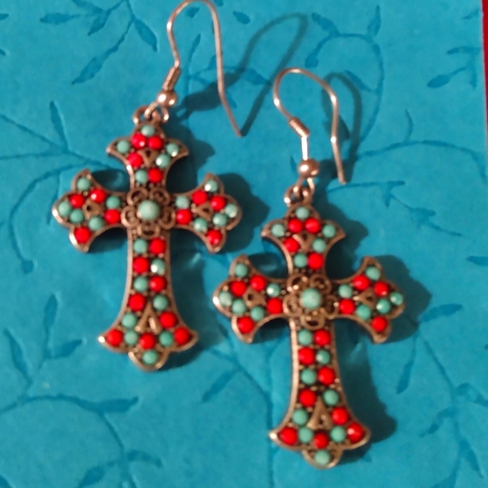 TURQUOISE/RED CORAL (Stunning Cross Earrings Southwestern Style